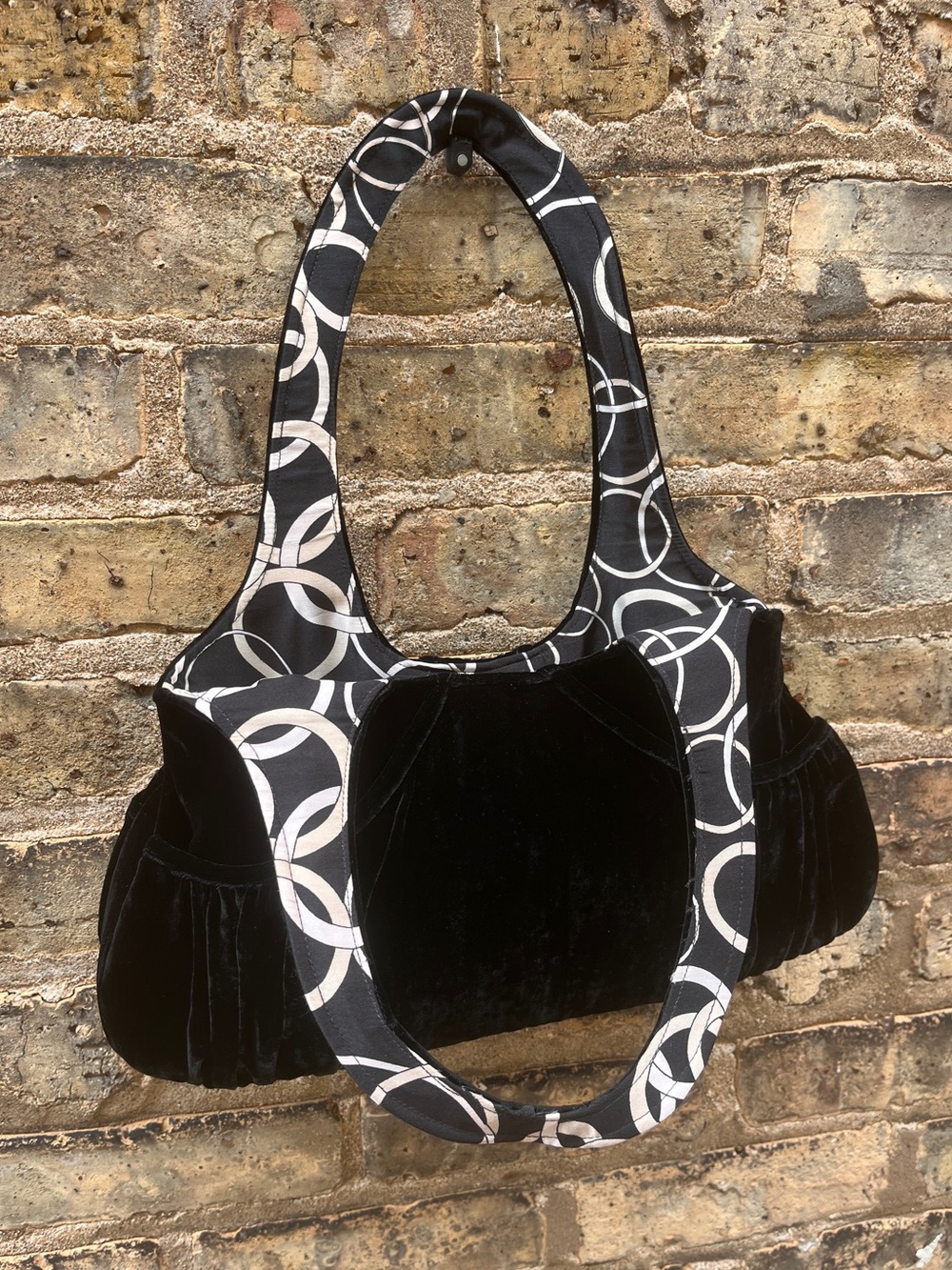 Shiraleah Black Velvet Shoulder Bag with Satin Patterned Lining Medium Sized